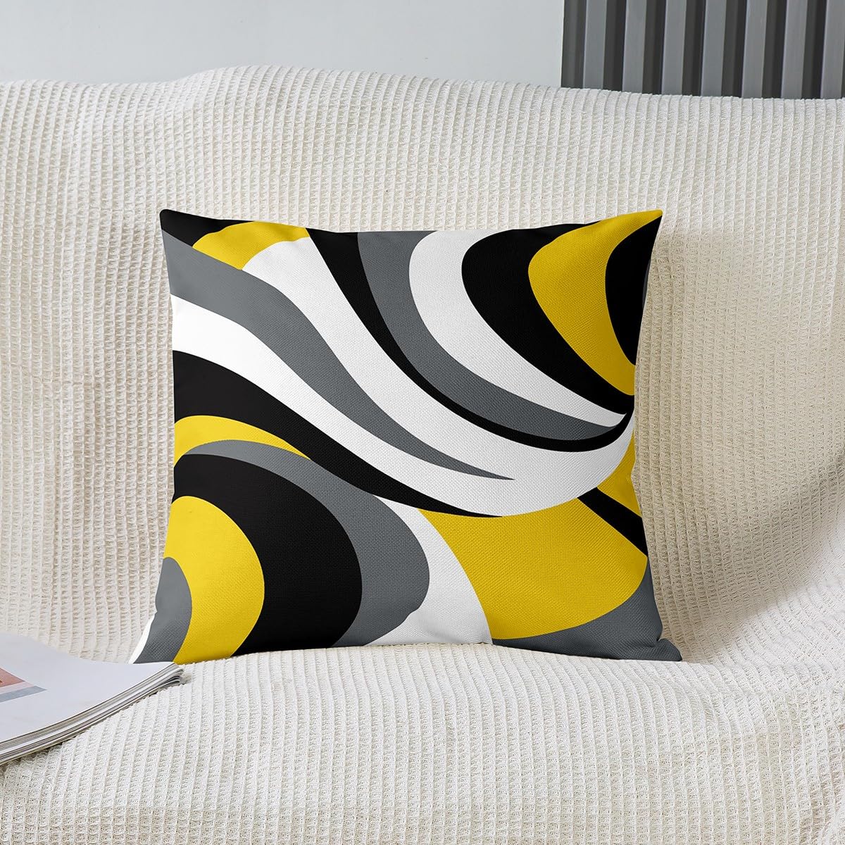Set di 4 federe copricuscino reversibili con motivo geometrico giallo, grigio e bianco, per bambini, decorazione per la casa, motivo a righe, arte astratta, 40,6 x 40,6 cm