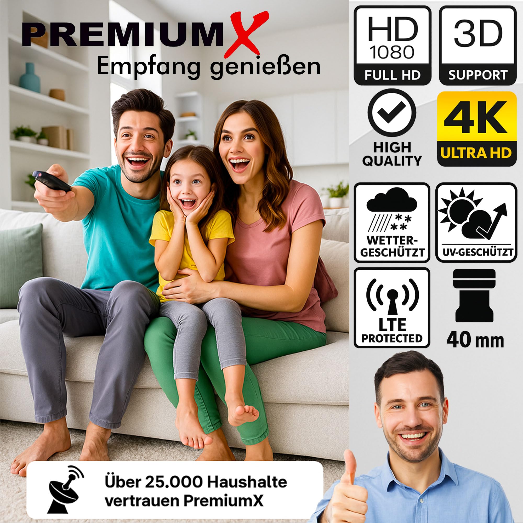 PREMIUMX Twin LNB PXL Tête de réception T LED Full HD HDTV SAT 0,1 dB pour 2 utilisateurs 3D 4 K High Quality avec protection météo