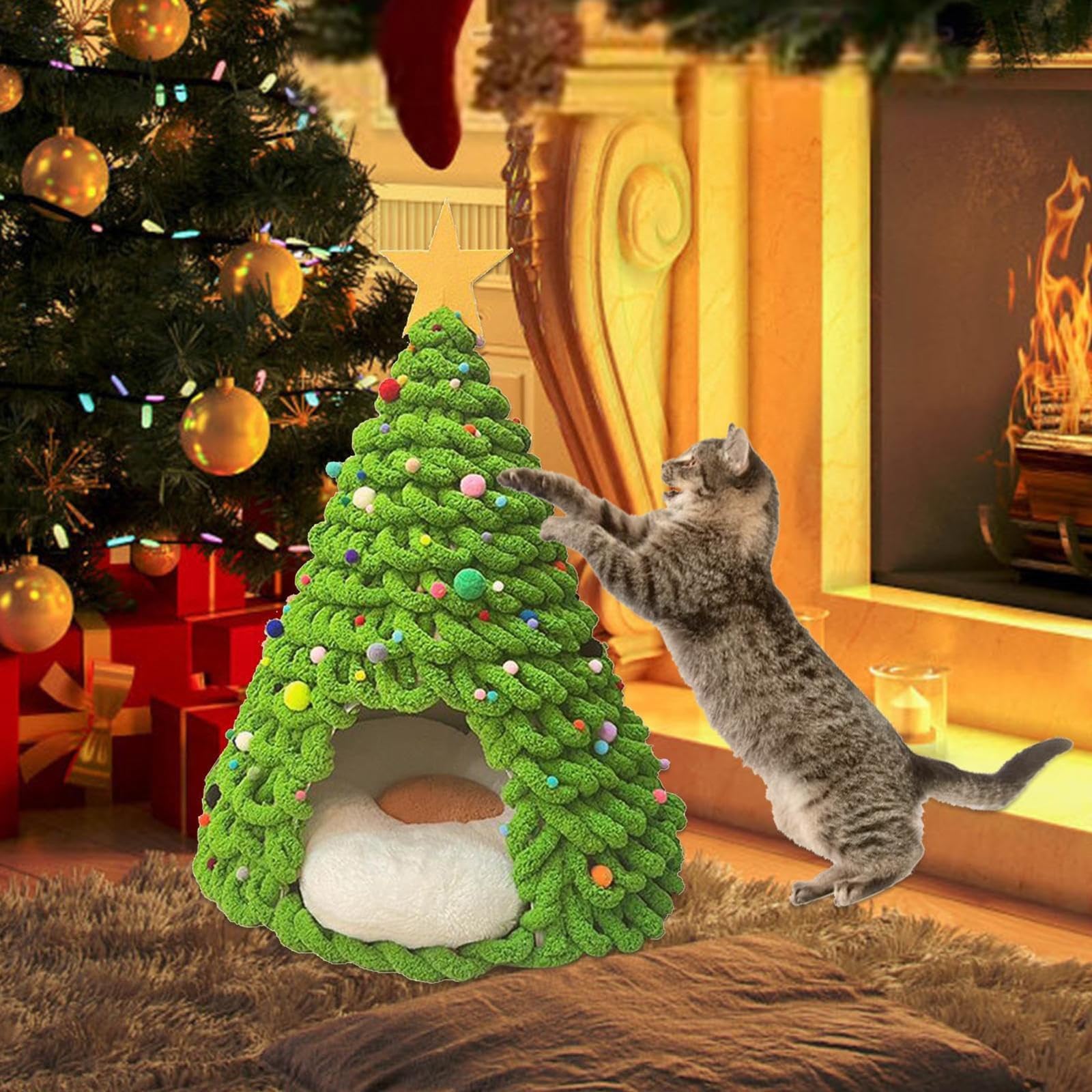 Cuccia per Gatti a Forma di Albero di Natale Set di Materiali per Nido Morbido Chiuso per Gatti da Interno e Cani Piccoli Regalo Natalizio Caldo per Amanti dei Gatti(Red2)