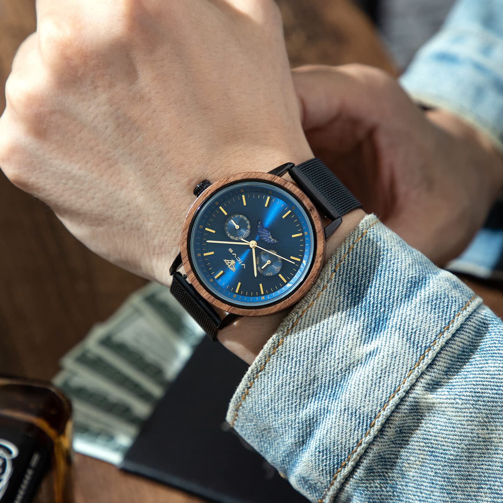 Orologio da uomo in legno L'orologio è realizzato in legno e acciaio inossidabile con un orologio in legno con fasi lunari e data che è sia casual che sportivo