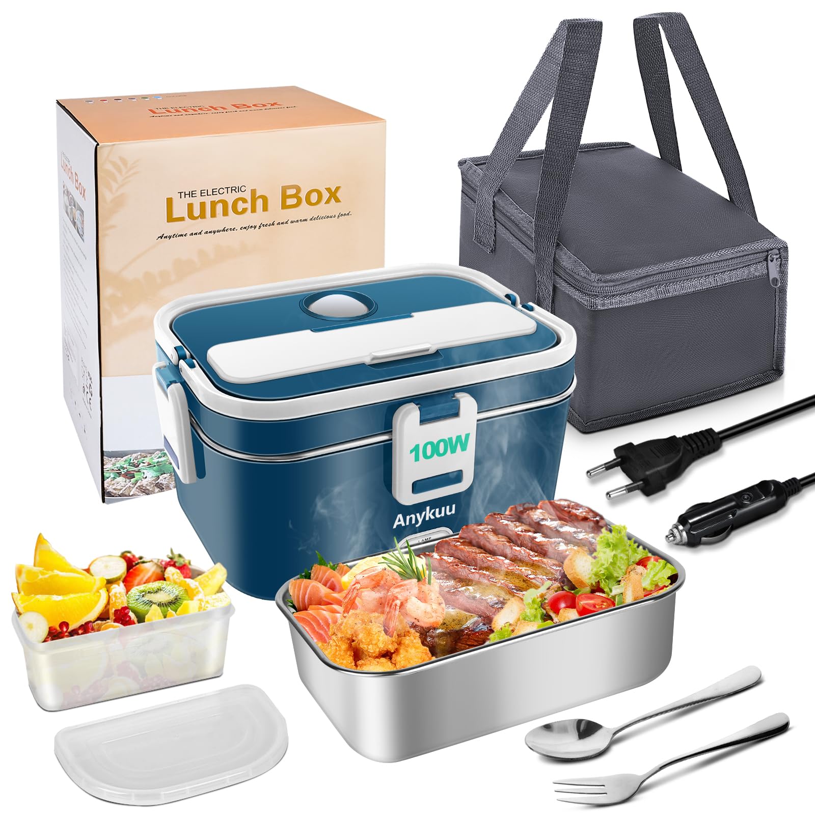 Anykuu Scaldavivande Elettrico Portatile, 100W 1.8L Porta Pranzo Riscaldabile, 3 in 1(12V/24V/240V) Pranzo Termico per Auto Camion e Ufficio, Lunch Box Riscaldatore Scalda Vivande Portatile