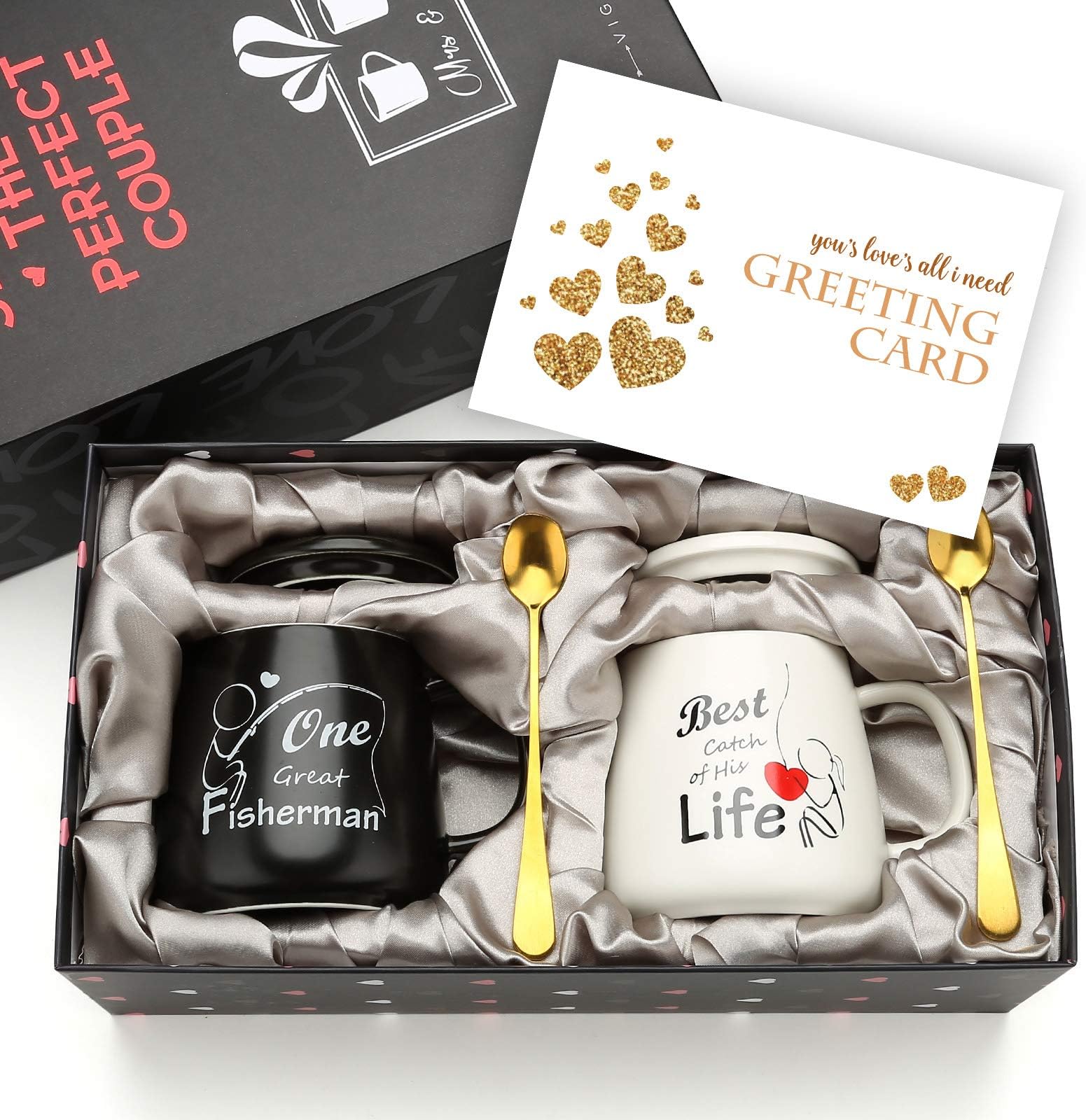 One Great Fisherman, Best Catch of His Life Coffee Couple Mugs Gift Set - Unique Engagement Wedding Gift for Couples - Funny Idea for Lovers Friends Valentine's Day Gifts - 15 OZ