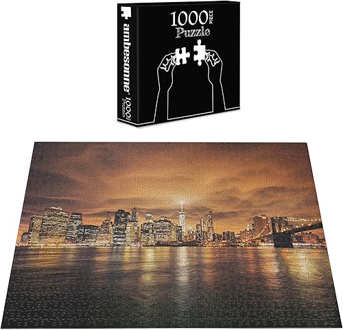 Miniatura 3 de Ambesonne Cityscape - Rompecabezas con diseño de Manhattan at Sunset New York de Brooklyn Reflections, diseño de paisaje marítimo, actividad