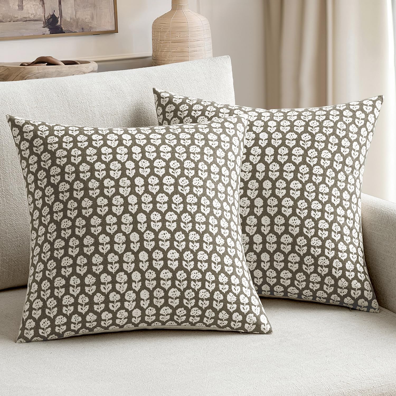 MIULEE Block Print Pillow Covers 24x24 Inch Set of 2, Vintage Floral Throw Pillow Cases Neutral Linen Farmhouse Cushion Covers for Couch Sofa Bed Chair Living Room, Light Taupe