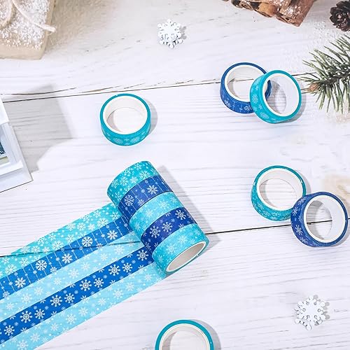 Miniatura 5 de Whaline 12 rollos de cinta Washi de invierno con temática de copo de nieve azul, cinta adhesiva decorativa para regalo de fiesta, cinta de papel de