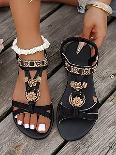 Boho Women's Flat Sandals - Comfortable Beach Flip Flops with Ethnic Emb...