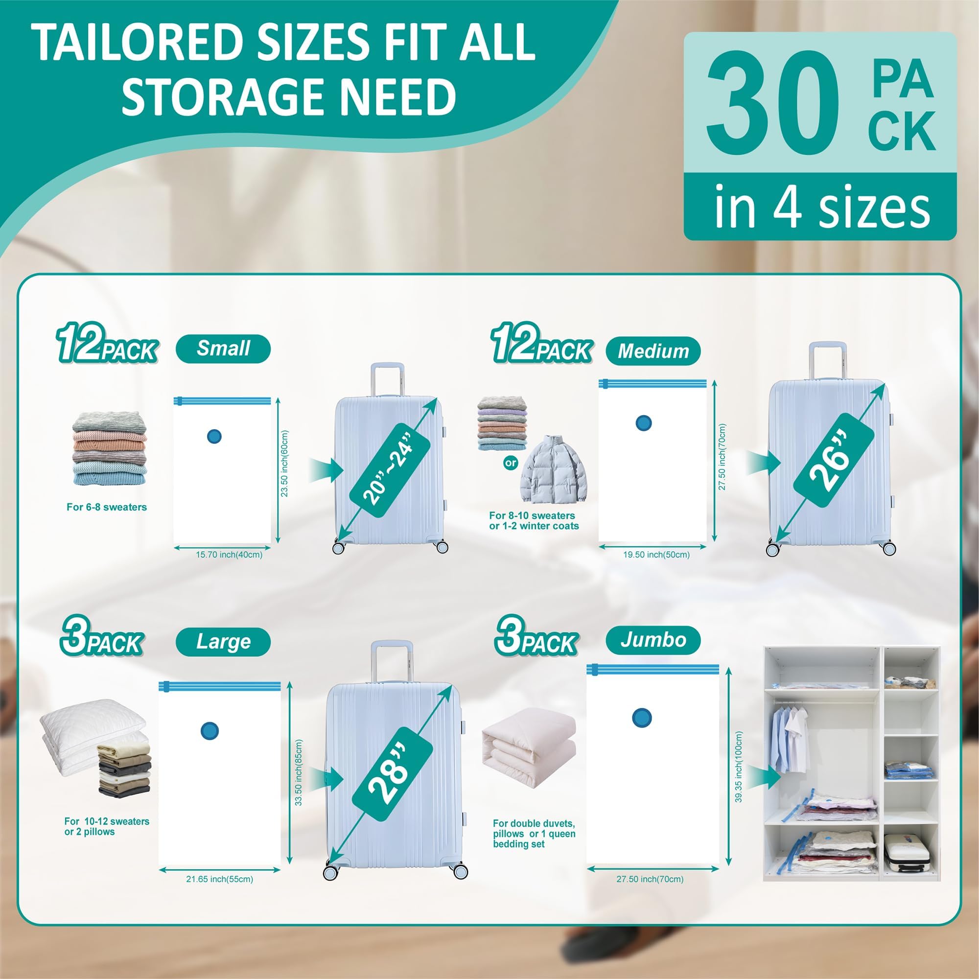 Cozy Essential Vacuum Storage Bags with Electric Pump, 30 Pack (3 Jumbo/3 Large/12 Medium/12 Small) Vacuum Seal Space Saver Bags for Clothing, Pillows, Blanket, Bedding, Comforters