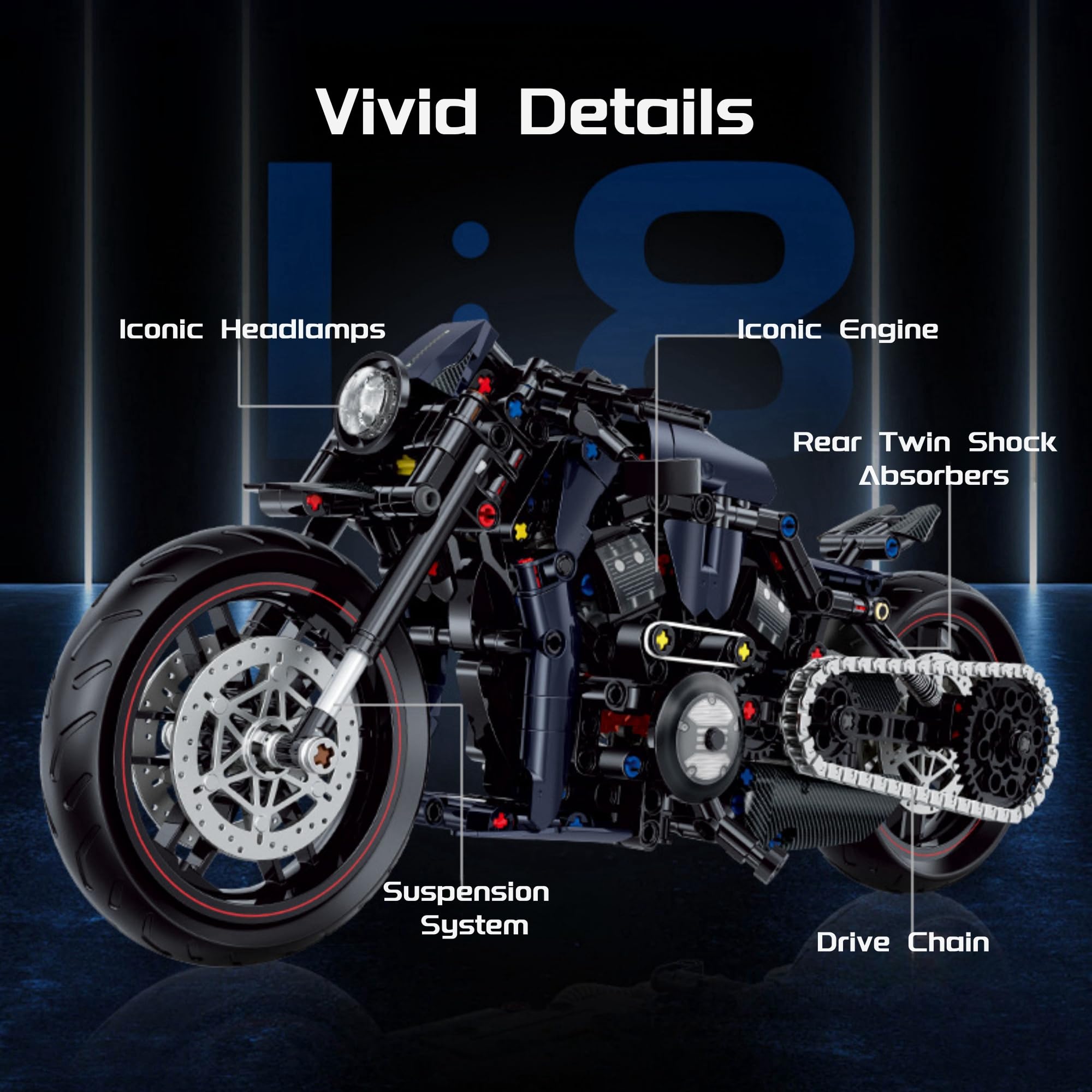 JVAVNE Motorcycle Building Blocks Set, 1:8 Simulation Motorbike - Image 4