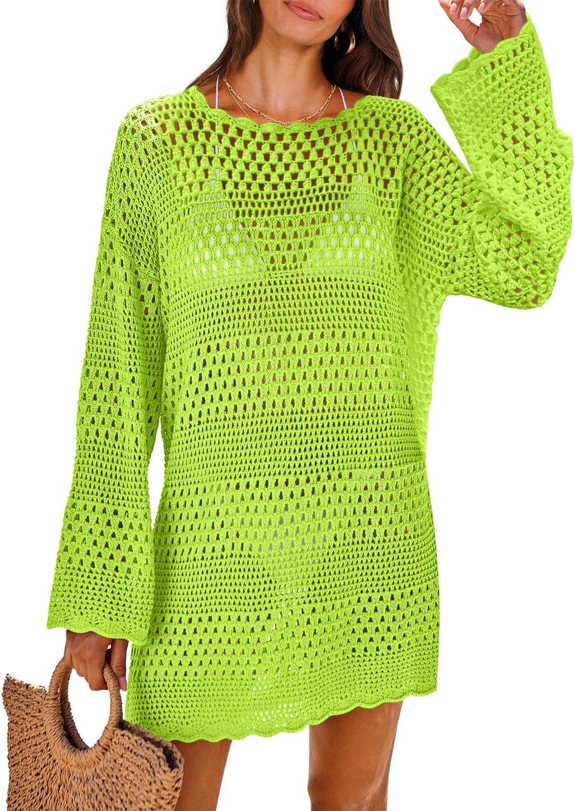 ANRABESSWomen Swimsuit Crochet Swim Cover Up 2025 Summer Bathing Suit Swimwear Mesh Knit Beach Dress Vacation Outfits