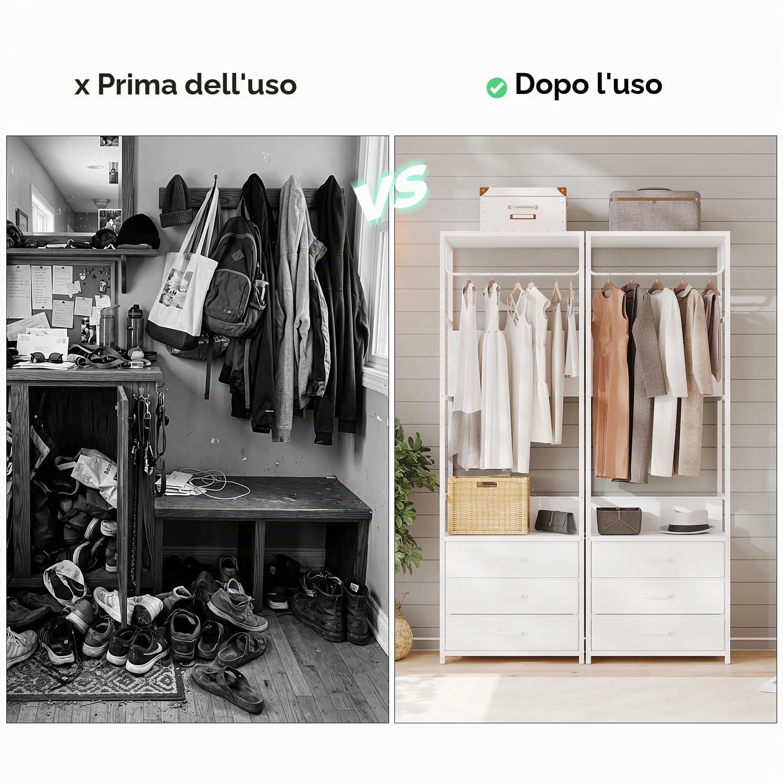VOWNER Appendiabiti da Terra con Panca e 3 Cassetti, Mobile Ingresso Multifunzionale 60cm, Stand Appendiabiti con Barra e Scarpiera, Attaccapanni Salvaspazio Moderno per Corridoio e Camera, Bianco