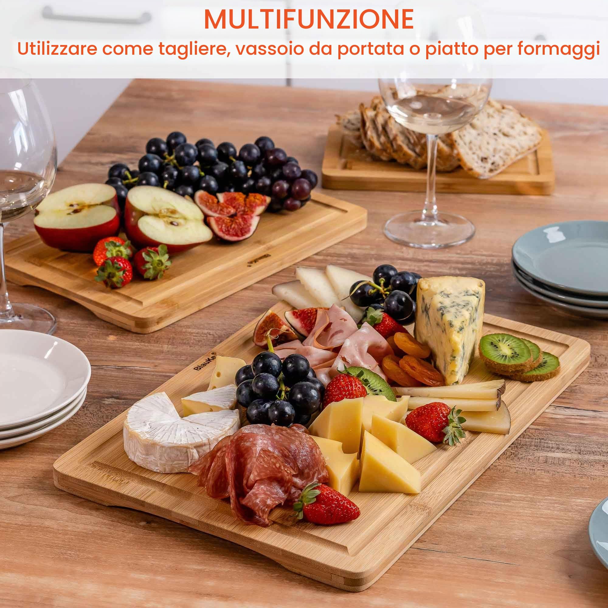 Taglieri da Cucina In Legno Di Bamboo – Set 3 Taglieri per Cucina In Legno (Piccolo, Medio, Grande) – Tagliere da Cucina In Legno di Bambù con Scanalatura per Liquidi e Maniglie – Vassoio da Portata