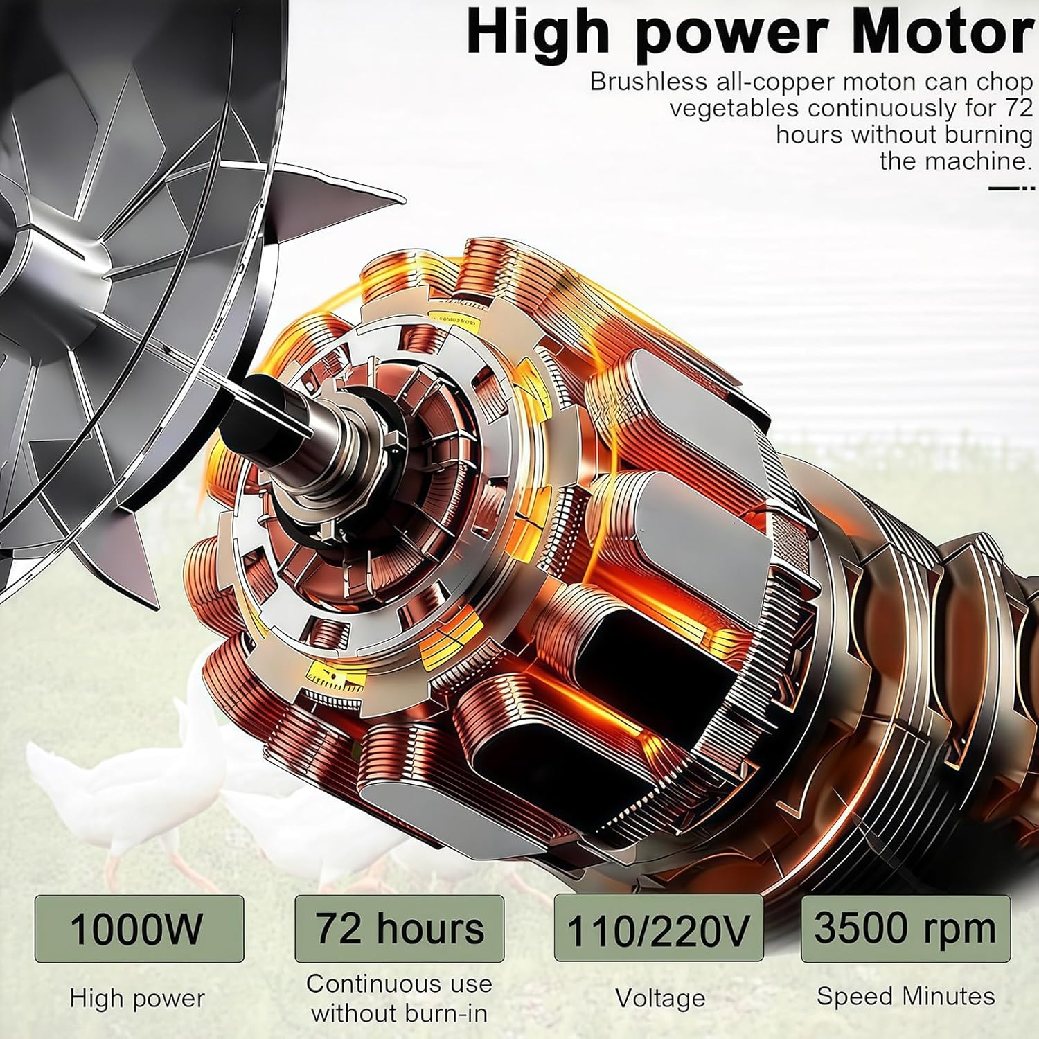 1800W Heavy-Duty Vegetable Chopper, Household Poultry Feed Processor with 4 Blades, 3500 RPM, 50–120kg/h Output, Stainless Steel, for Farms, Livestock Breeding, and Ranches 1000W