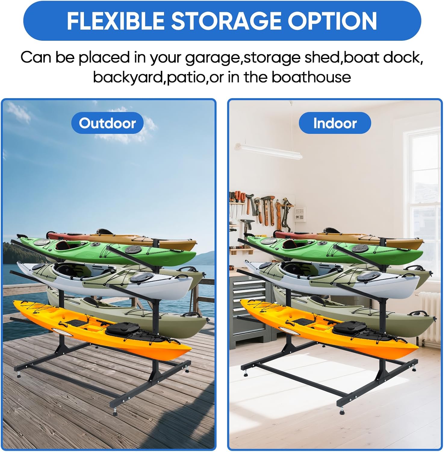 Kayak Storage Rack 3-Tier Rack for 3/6 Kayaks, Heavy Duty Kayak Racks for Garage Indoor Outdoor Storage, Freestanding Storage Rack for Kayak, Canoe, Surfboard & Paddleboard