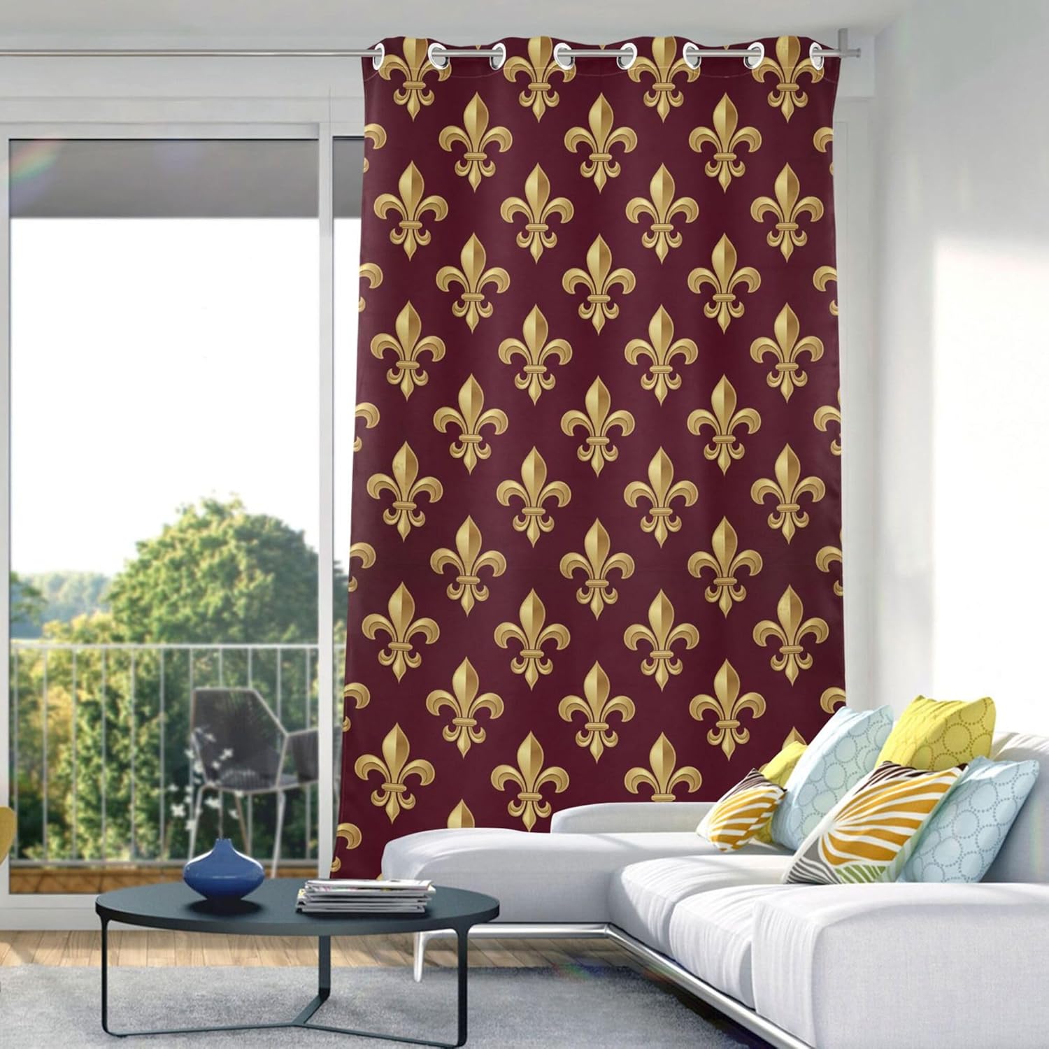 Wudan Royal Lily Fleur De Lis Retro Red Black Out Curtains 84 inches Length 1 Piece Farmhouse Curtains for Window Treatments Vertical Blinds Kitchen Decoracion para Cuartos