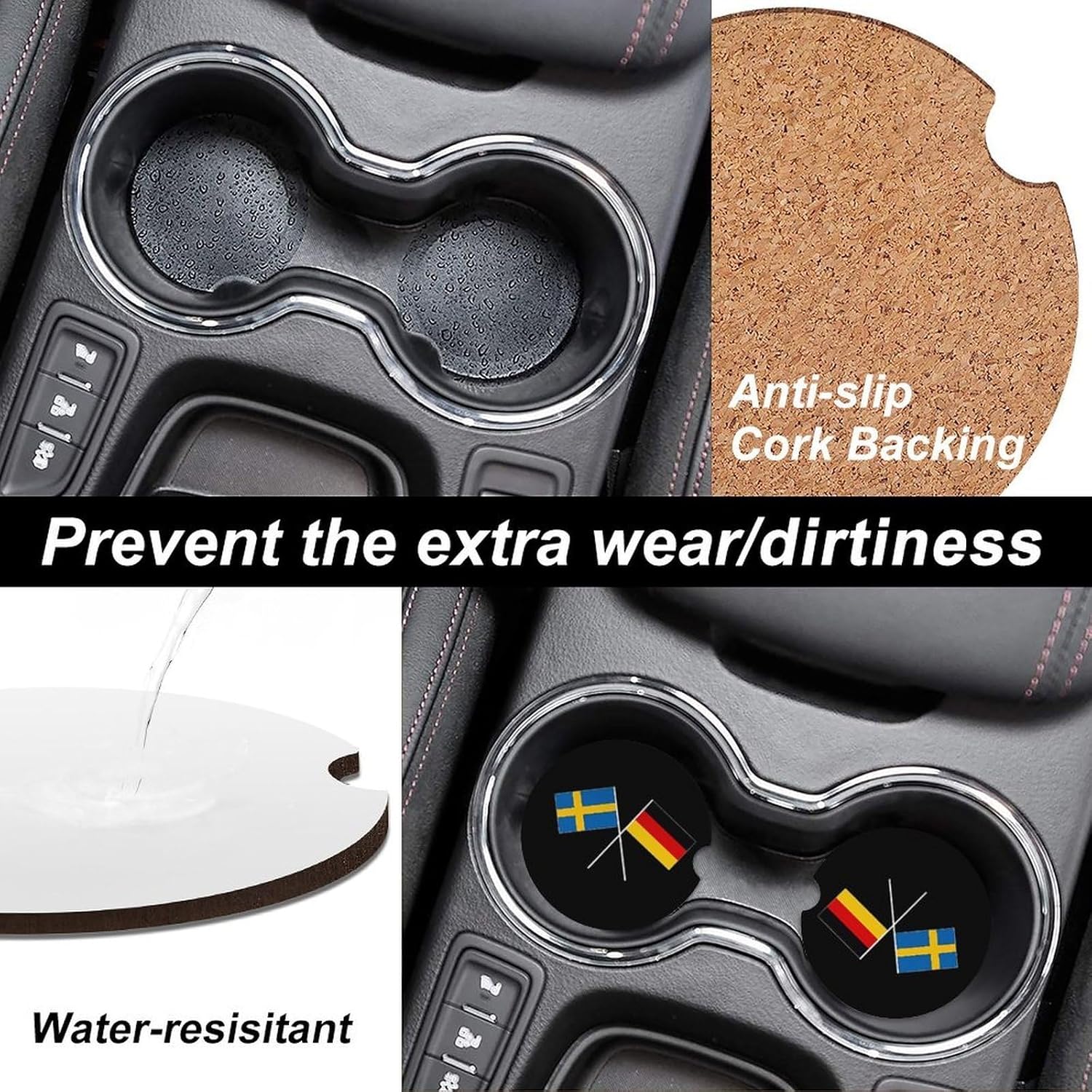 German Swedish Friendship Flag Cute Car Coasters 2.56 Inch Absorbent Cup Holder for Drinks Auto Interior Accessories