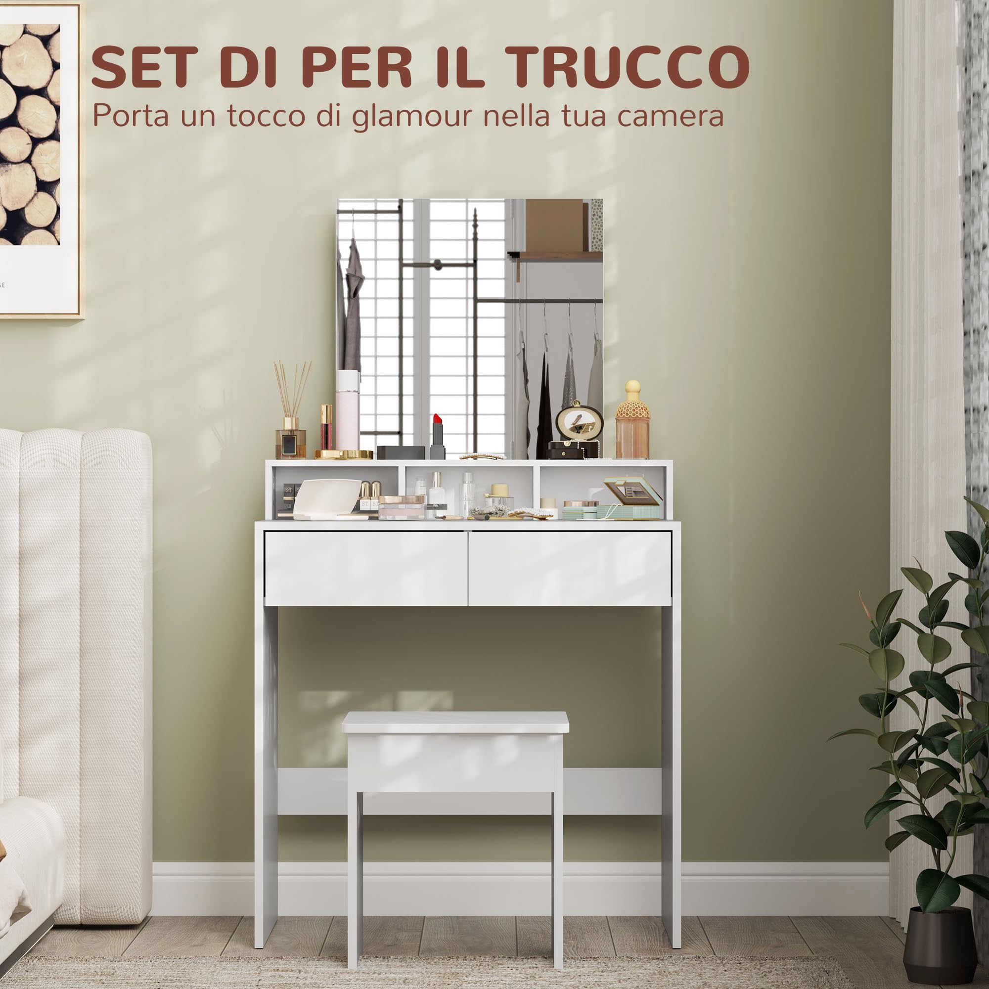 HOMCOM Postazione Trucco con Sgabello, Tavolo da Trucco con Specchio, 3 Ripiani, 2 Cassetti, Toeletta Trucco Moderno in Legno per Camera da Letto, 75x38x135 cm, Bianco