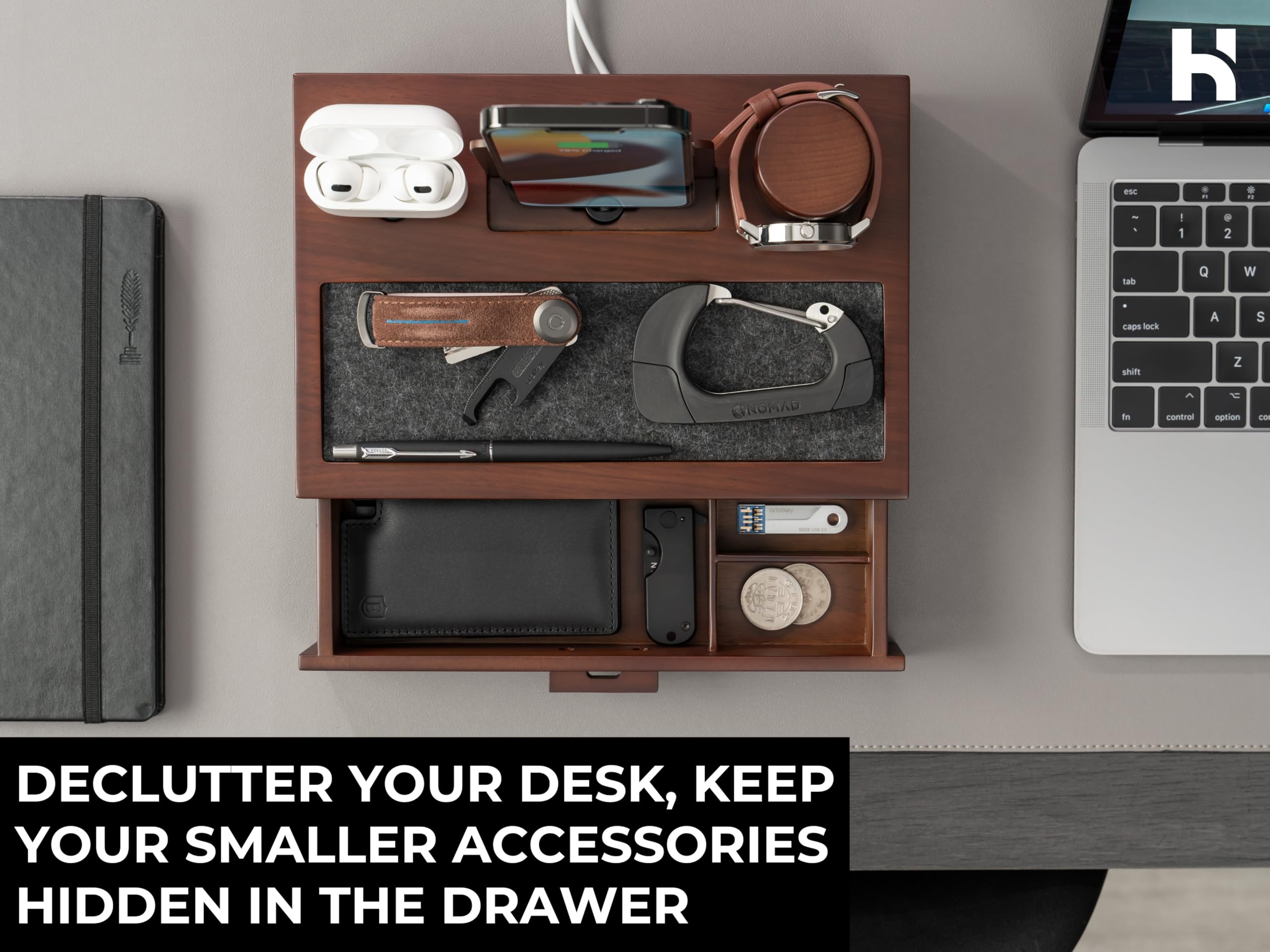 Holme & Hadfield Organizer da comodino da uomo, docking station unica in legno per caricare il telefono e gli auricolari, stazione di ricarica in legno con vassoio foderato e cassetto, docking station