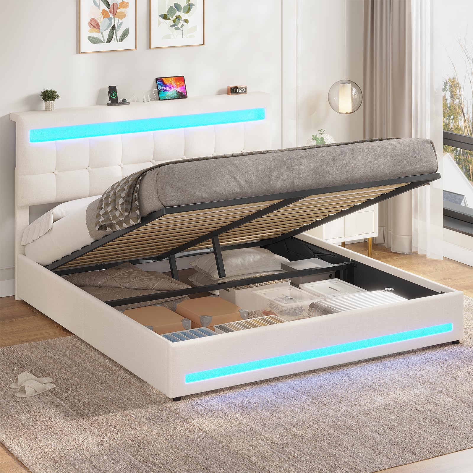 AOGLLATI 5ft King Ottoman Bed Frame 150×200 cm with Charging Station and LED Lights, Upholstered Platform Bed frame with Under-bed Storage and Storage Headboard, No Box Spring Needed, Off-white Linen