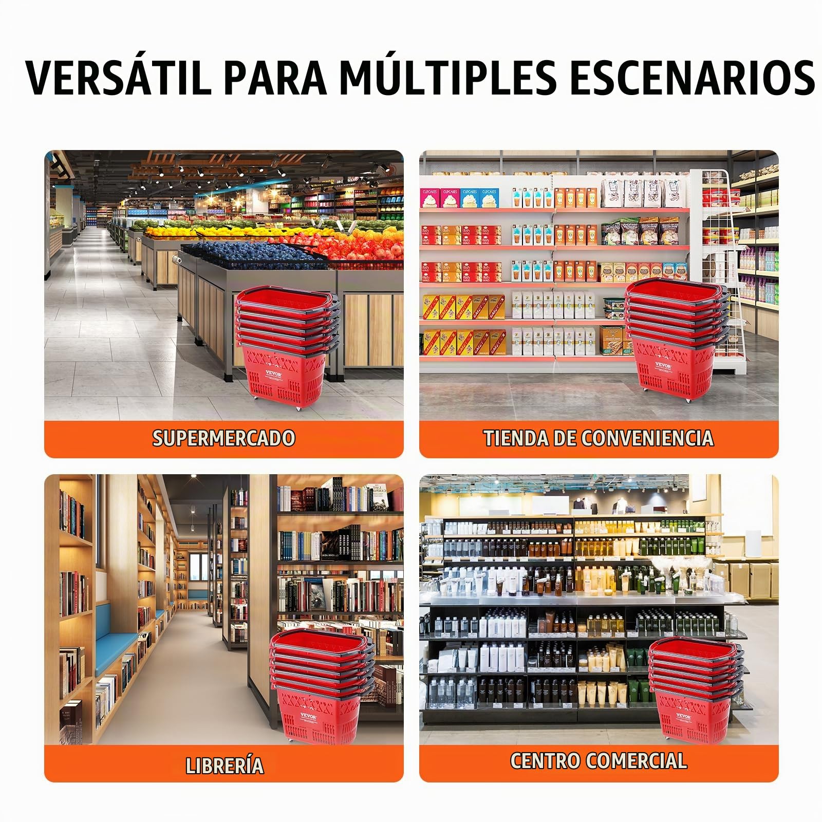 VEVOR Cesta Roja de la Compra, 6 Piezas, 39 L, Carros de la Compra con Asas y Ruedas de Plástico de 540 x 530 x 365 mm, Cesta de la Compra Portátil Grande para Supermercado, Tiendas Minoristas
