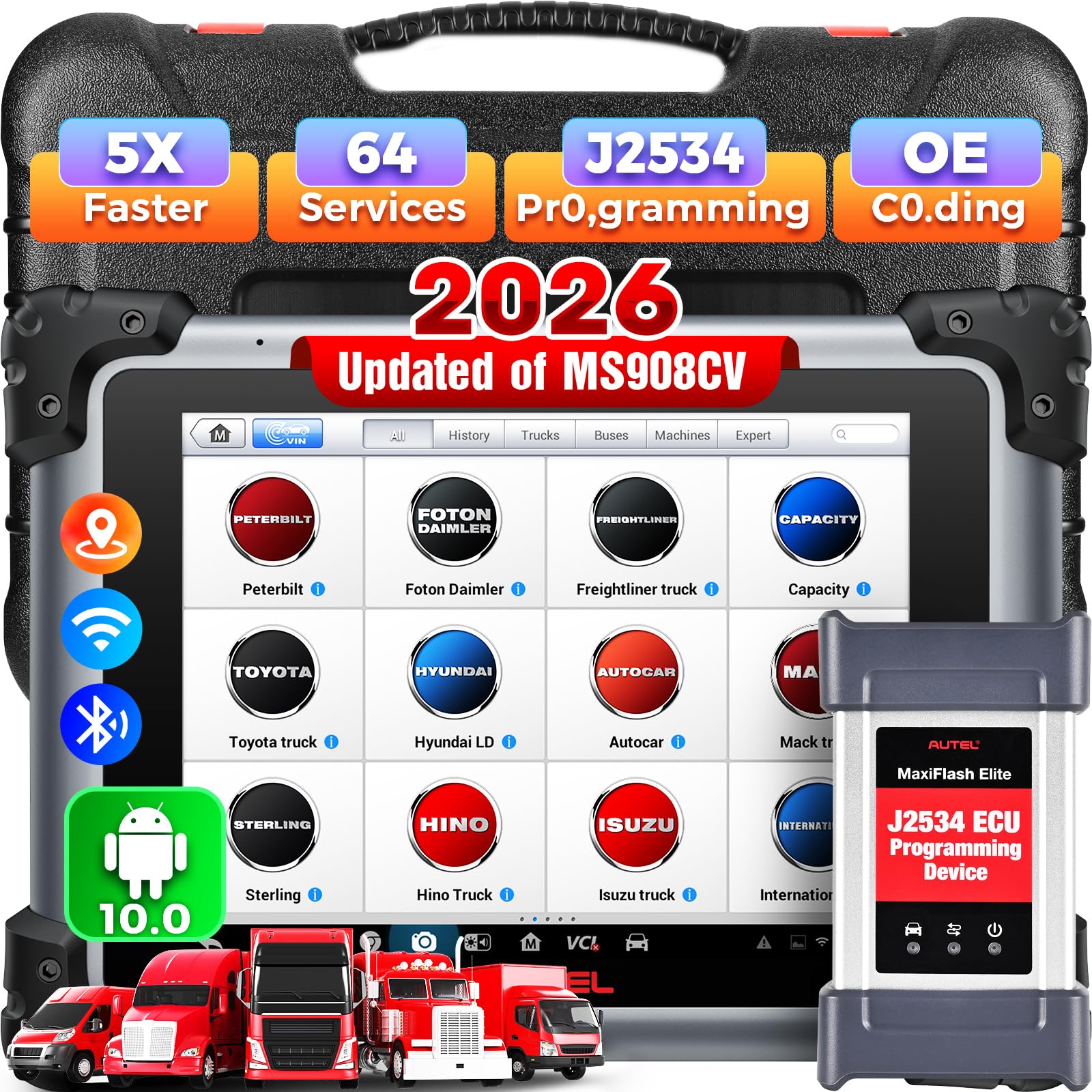 Autel MaxiSys MS908CV II Truck Scanner: 2026 Heavy Duty Tool for Commercial Semi Trucks, OE C0ding, J-2534 Pr0grammer, 64 Service as MS909CV MS908S Pro II Elite II Pro Ultra Lite