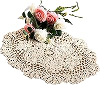 Eiyye Handmade Cotton Crochet Oval Doilies Placemats Set of 2, 12x17 Inch Beige Lace Table Mats for Elegant Dining