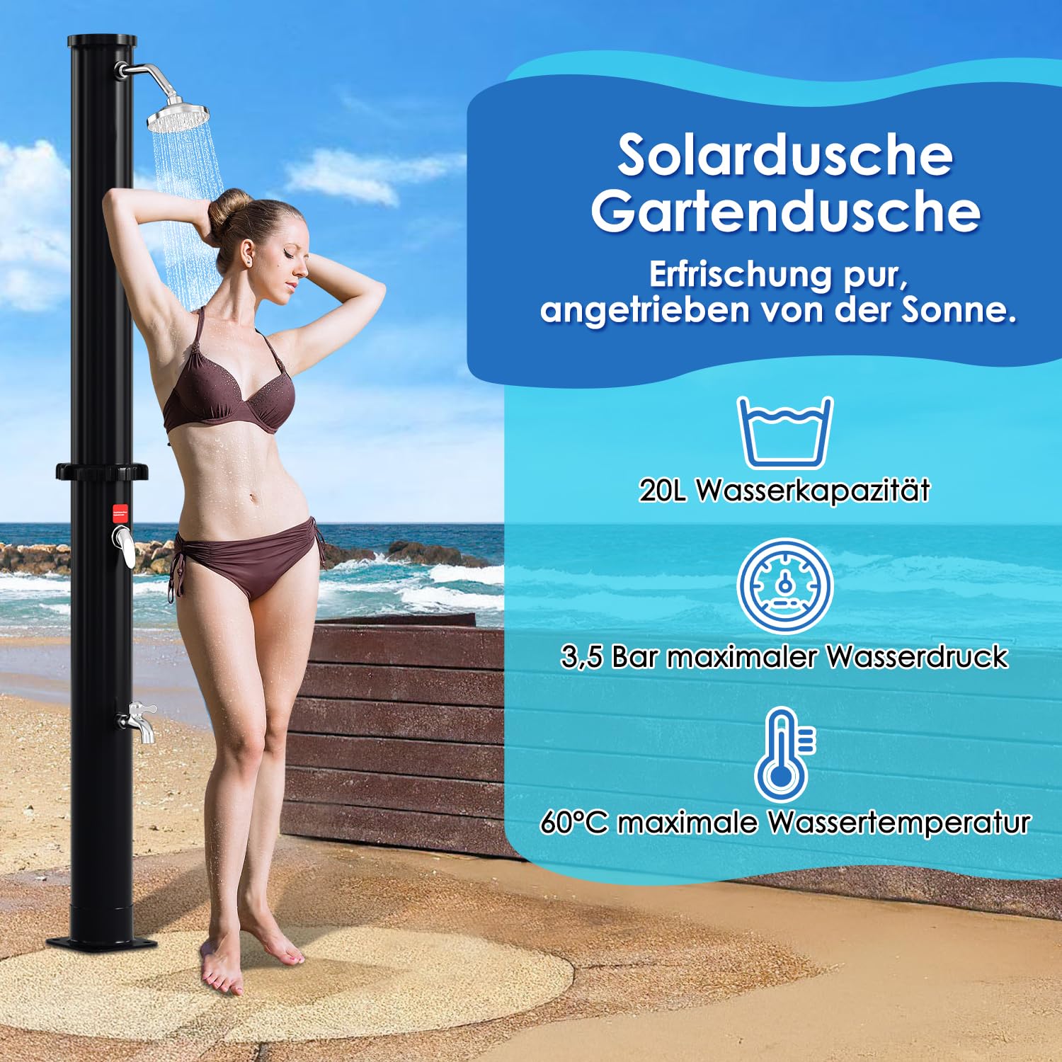 Eulenke Prysznic solarny 20 l, prysznic ogrodowy z deszczownicą 360° i kranem, ciepła woda maks. 60°C, bez przyłącza prądu, prysznic basenowy, czarny