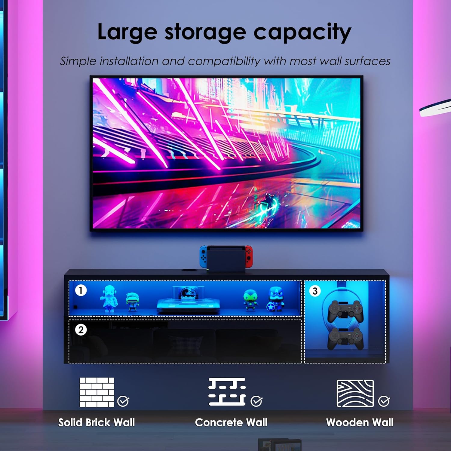 SogesPower Floating TV Stand Wall Mounted with Lights,LED TV Stand Floating Entertainment Center with Storage for Bedroom Living Room,Modern Floating Shelf for Under TV,Black 40inch