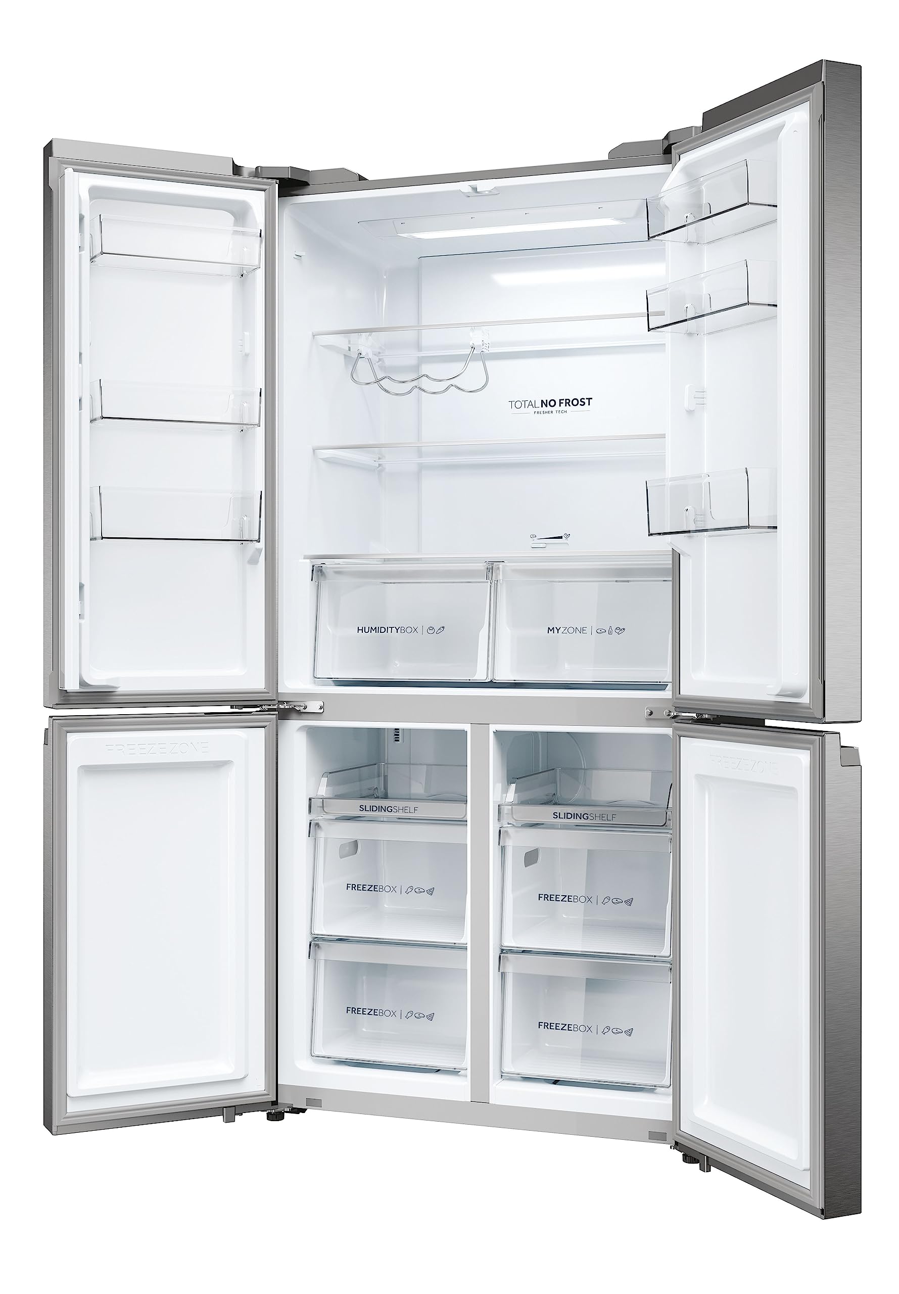 Haier Cube 90 Series 5 Frigorifero Multidoor 4 Porte 528 Litri, Total No Frost, Air Surround, MyZone, Humidity Zone, T-ABT, Inverter, Classe E, 190 x 90,8 x 64,8 cm, Platinum Inox HCR5919ENMP