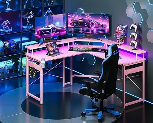 Miniatura 4 de ODK Escritorio para juegos en forma de L con luces LED y tomas de corriente, escritorio para computadora de 51 pulgadas con soporte completo para