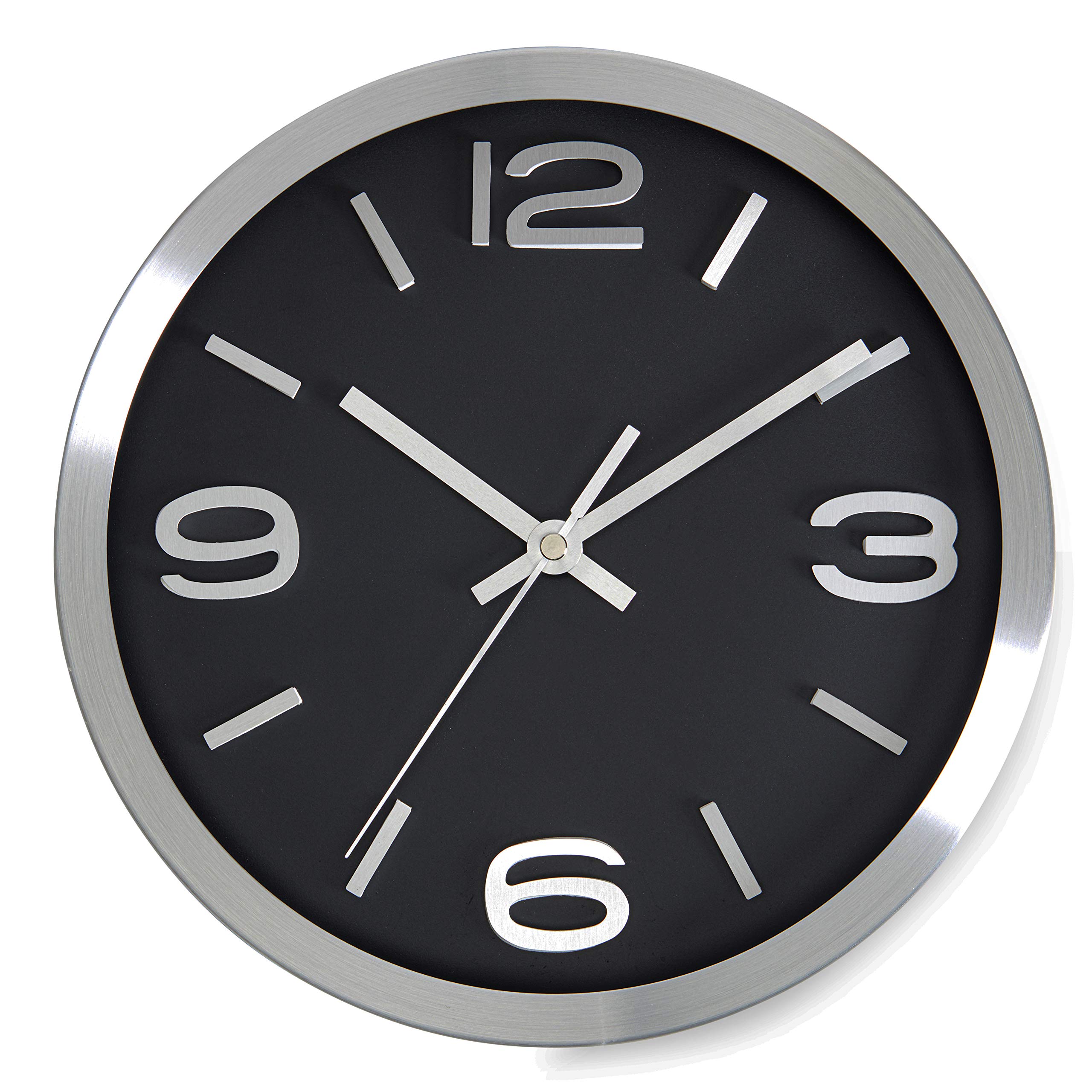 Bernhard Products Modern Wall Clock 10 Inch Black & Silver Silent Non Ticking Battery Operated Metal Round Elegant Quality Quartz, Kitchen Home Office Clock with 3D Numbers, Easy to Read