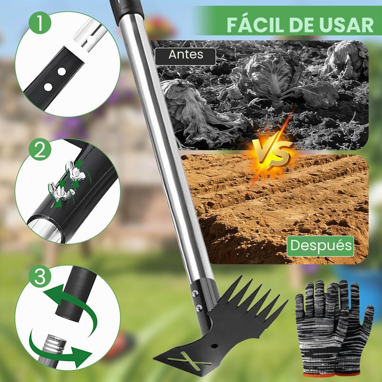 Azuela y Horquilla de Jardineria 2 En 1 Cultivador Azada de Jardin para Deshierbe Con Mango Largo Ajustable 40~148cm - Cabeza de Acero - Herramientas de Jardinería para Huerto y Plantar en Casa