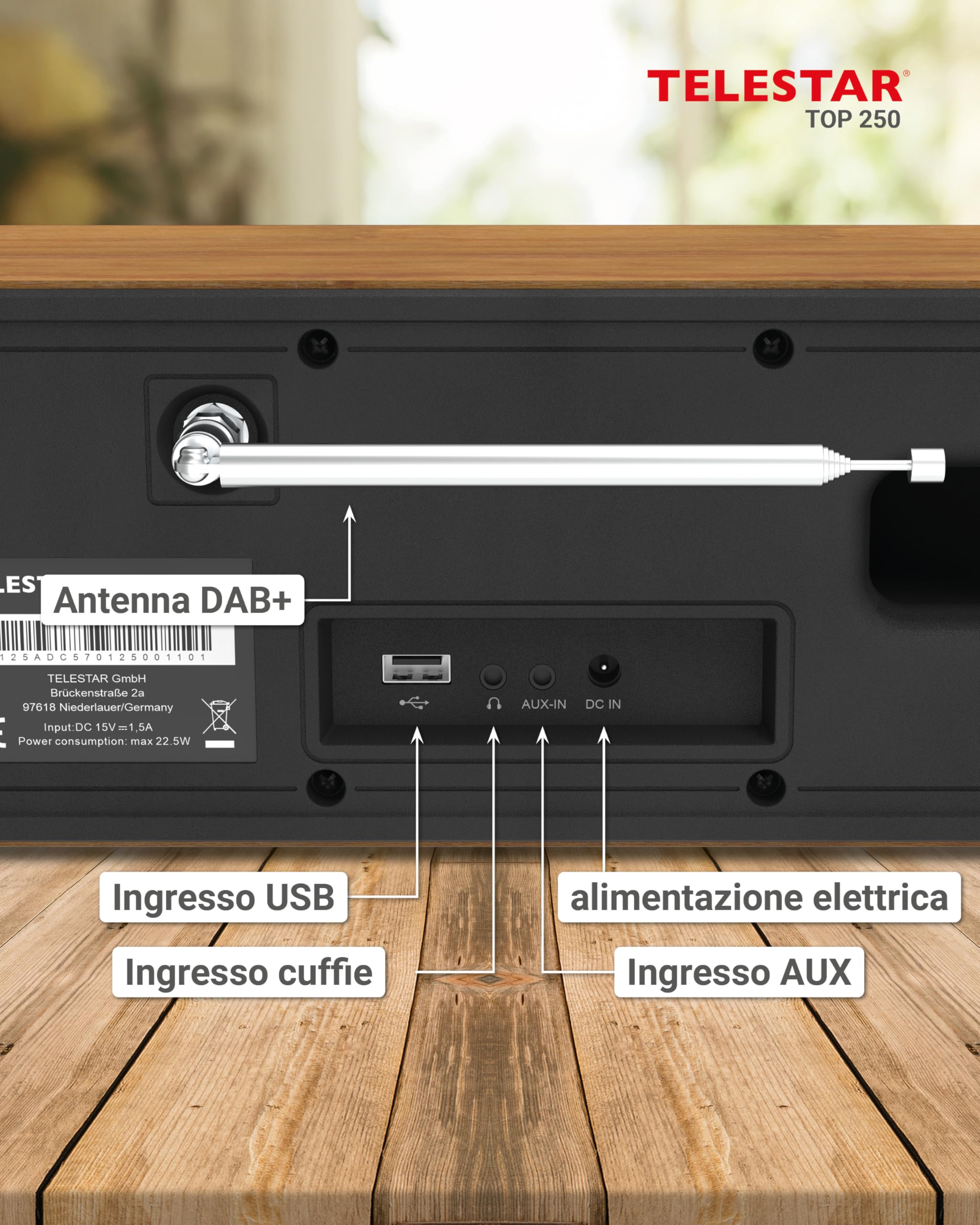TELESTAR TOP 250 Radio DAB+ Internet Bluetooth Audio-Streaming 2x10W USB registrazione Legno