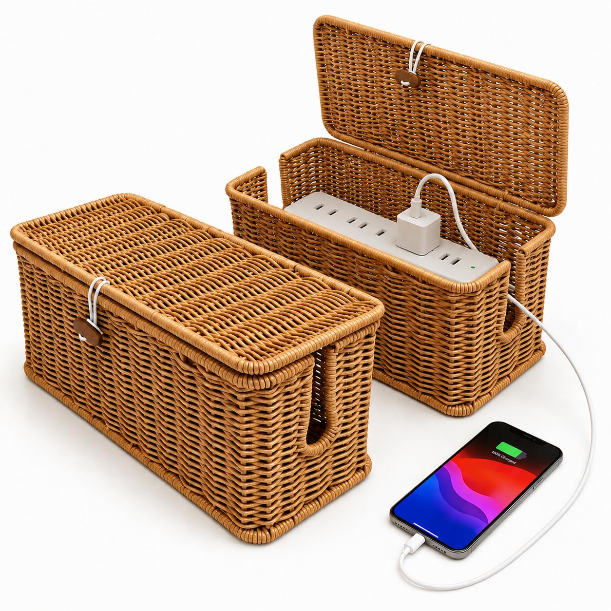 2PCS Cable Management Box, Cable Tidy Box, Handmade Rattan Cable Organiser Boxes with Dual Open Slots, Dustproof for Power Strips, Routers, USB Hubs, Simple & Natural Style