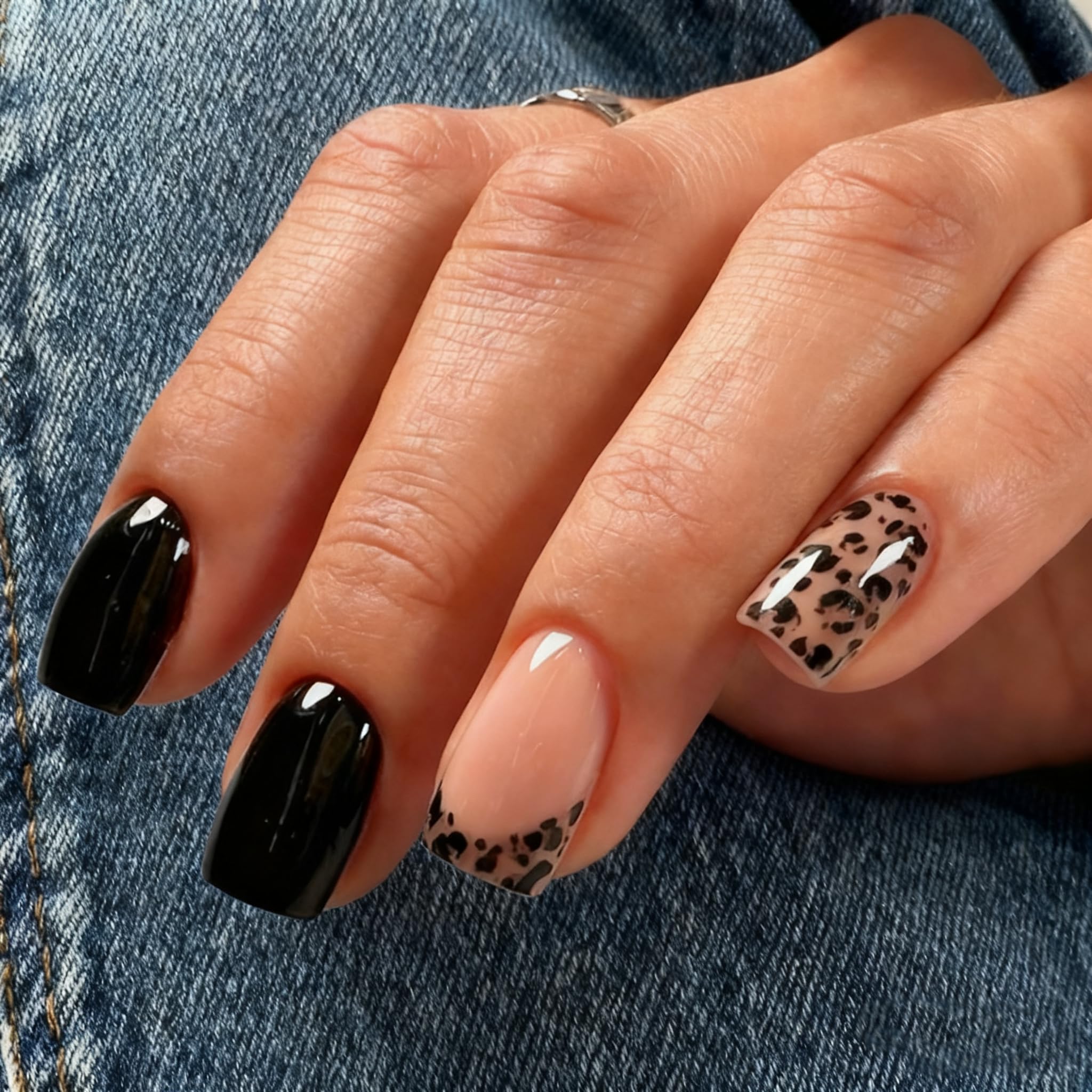 KQueenest French Tip Press On Nails Short Square, Black Leopard Print Nails Press ons, Soft Gel Fake Nails With Glue, Natural Nude, Reusable Short