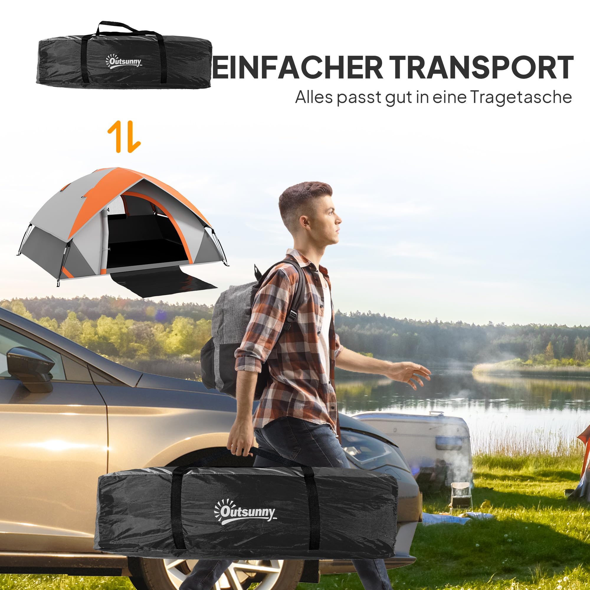 Outsunny Kuppelzelt für 2 Personen Leicht Wasserdicht Familienzelt | Mit Tür&Fenster, Packtasche, Haken, Stabil Campingzelt mit 3000mm Wassersäule, Zelt für Camping Reise Trekking Garten