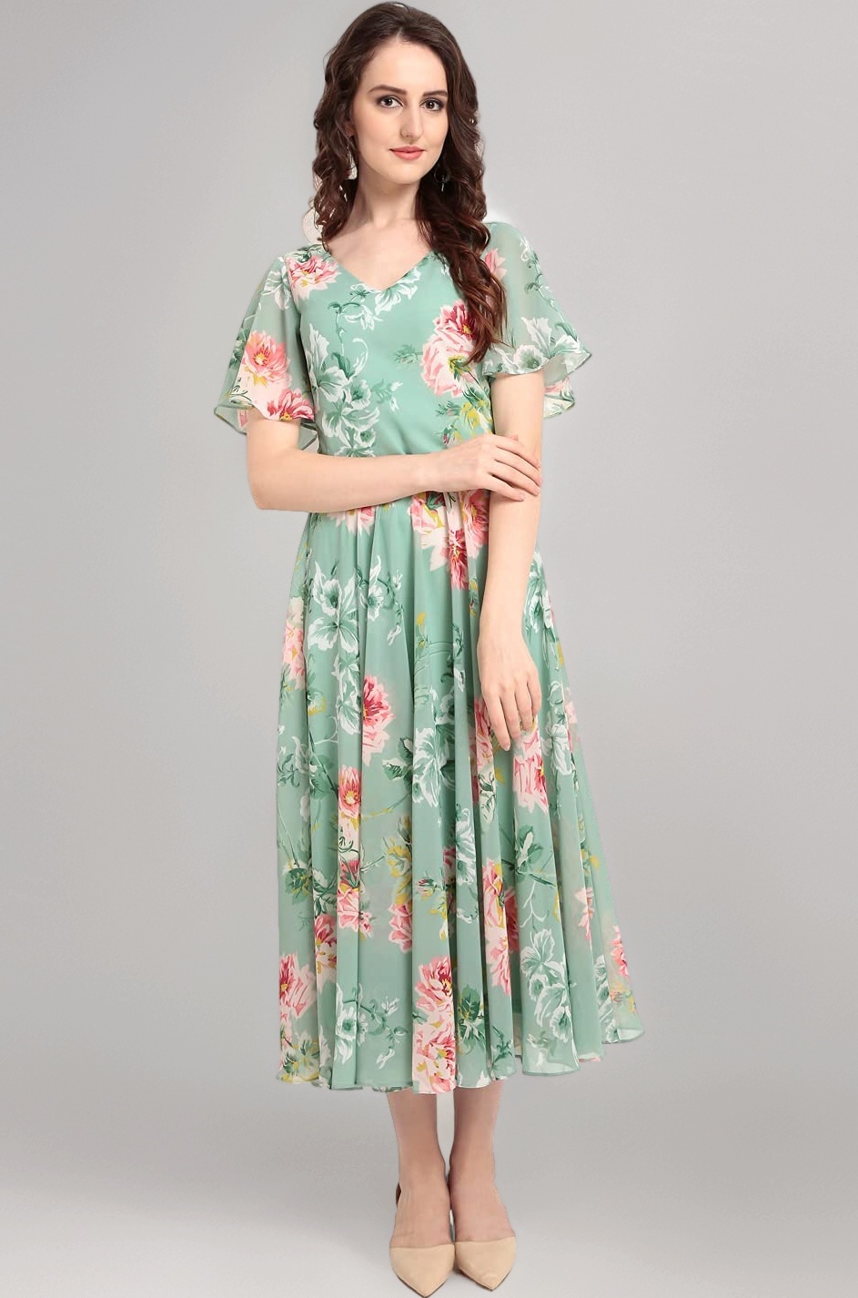 Women Georgette A-Line Calf Length Dress (Ep3153_B_Green_M)