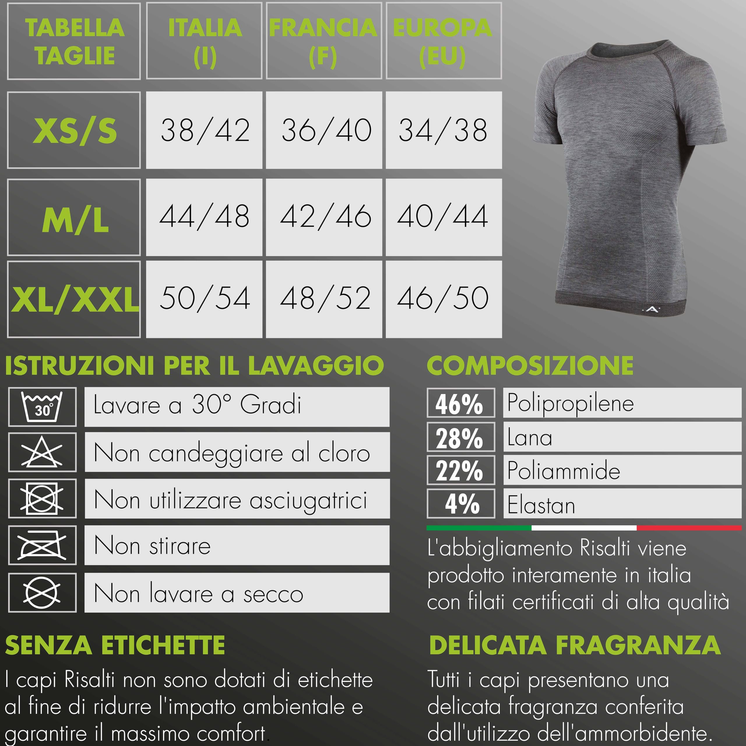 Risalti Maglia Manica Corta Termica Unisex Lana Merino - Maglia Termica e Traspirante, Abbigliamento Uomo e Donna Termico - Maglia Senza Cuciture - Made in Italy