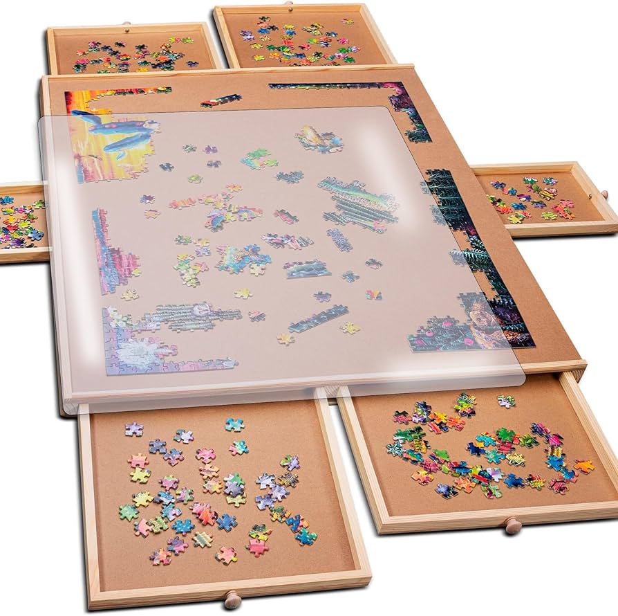 PlayVibe Puzzle Locker 1500 Piece Puzzle Board with Drawers and Cover - Puzzle Solve Station - Sturdy Puzzle Table with 6 Drawers 22 1/4” x 30" - Jigsaw Portable Wooden Puzzle Tray, Puzzle Accessories