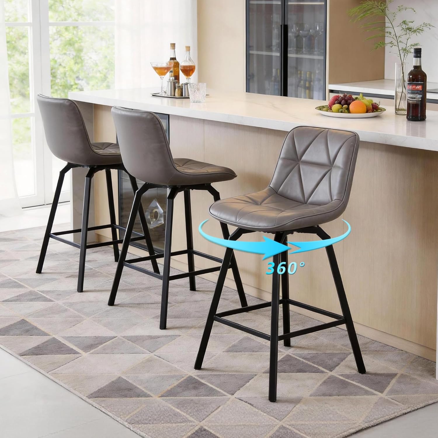 Swivel Bar Stools Set of 3, 26" Counter Height Bar Stools Triangle PU Leather, Island Chairs with Back and Footrest, for Kitchen Counter, Bar, Dining Room, Cafe, Gray
