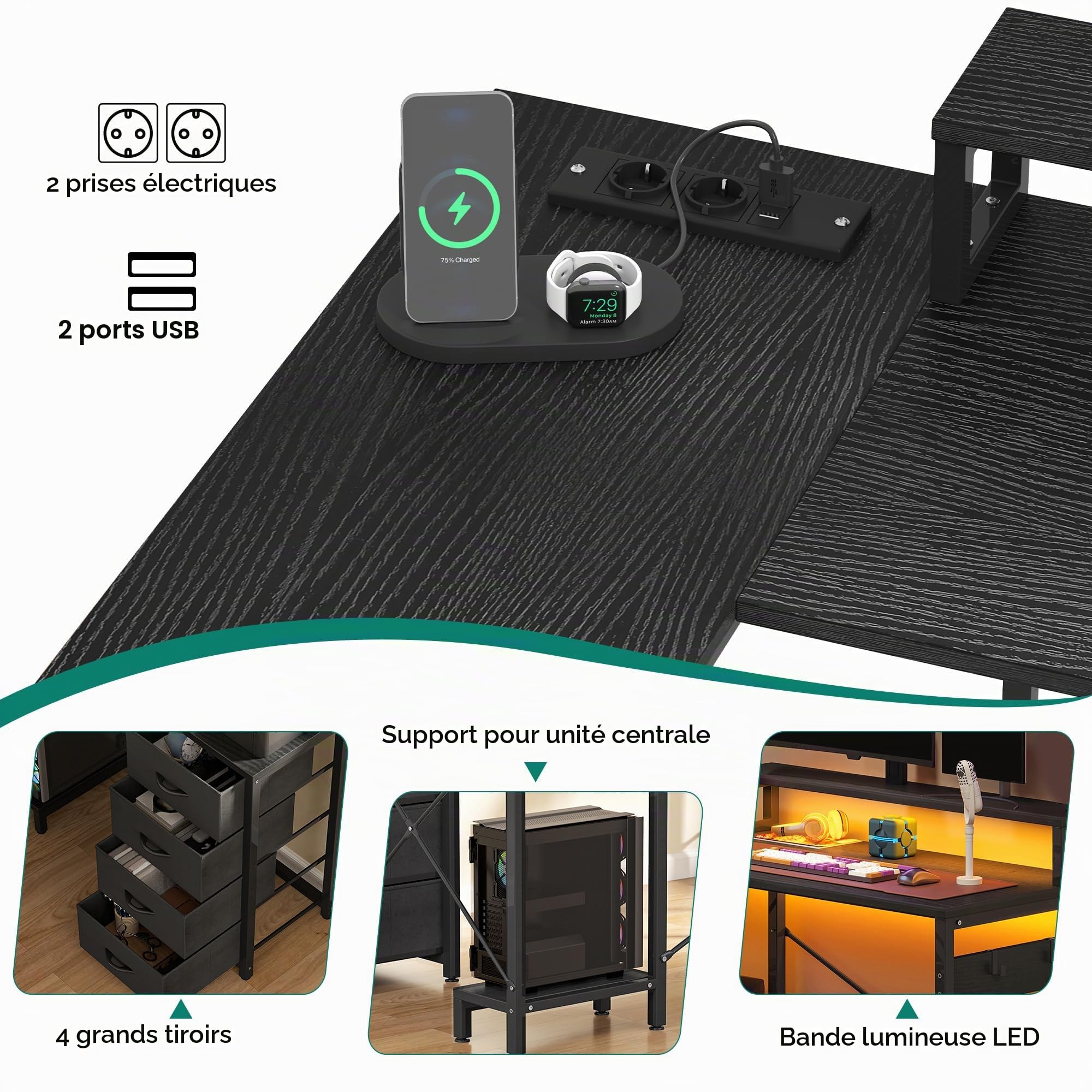 YITAHOME Bureau d'angle 4 Tiroirs USB Prise Réversible 130x100cm Noir