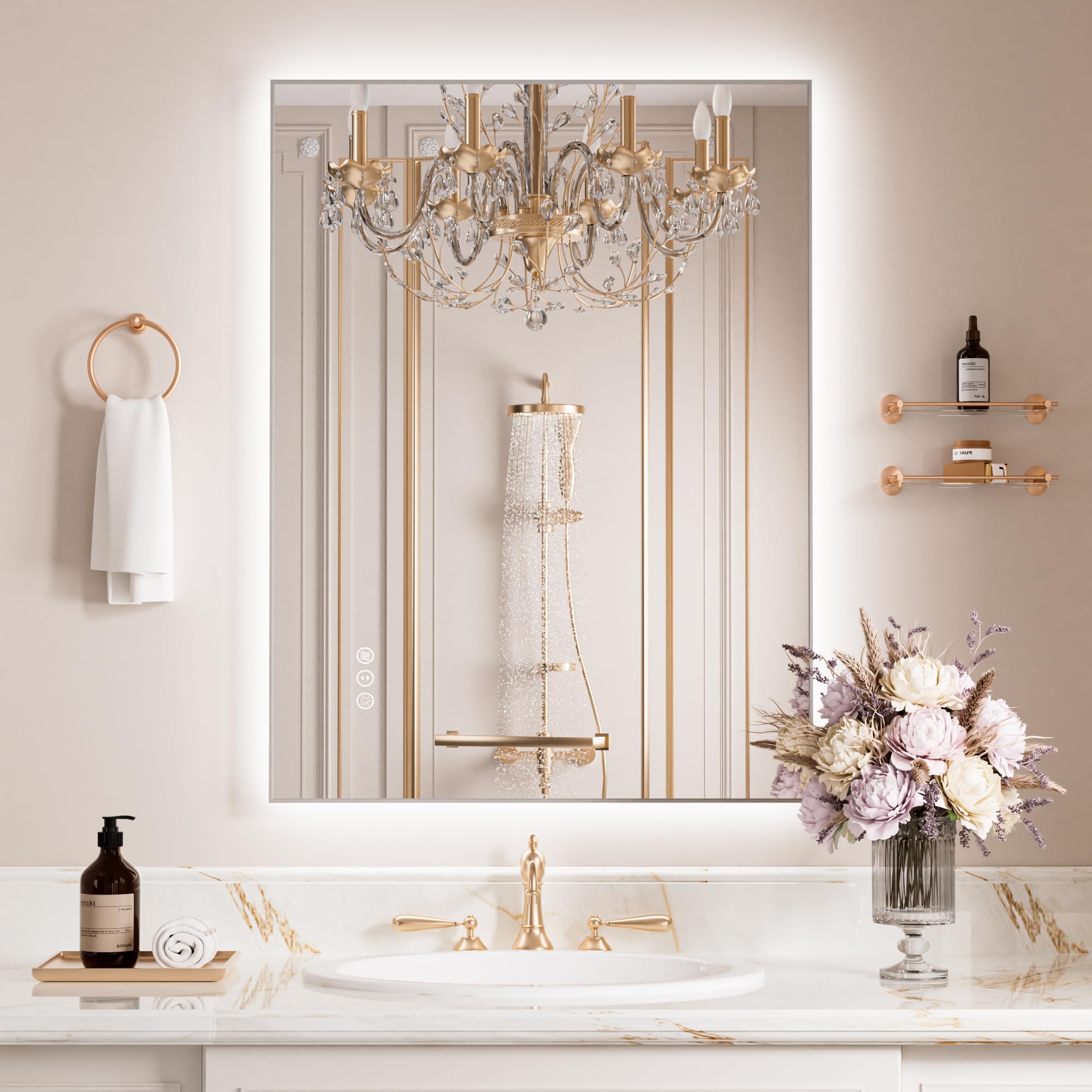 WEER Backlit Bathroom Mirror with LED Lights, 60 x 80 cm Silver Metal Frame Illuminated Wall Mirror with Demister Pad, Dimmable, 3 Colors, IP44 Waterproof, HD Tempered Glass, Vertical or Horizontal â image 1