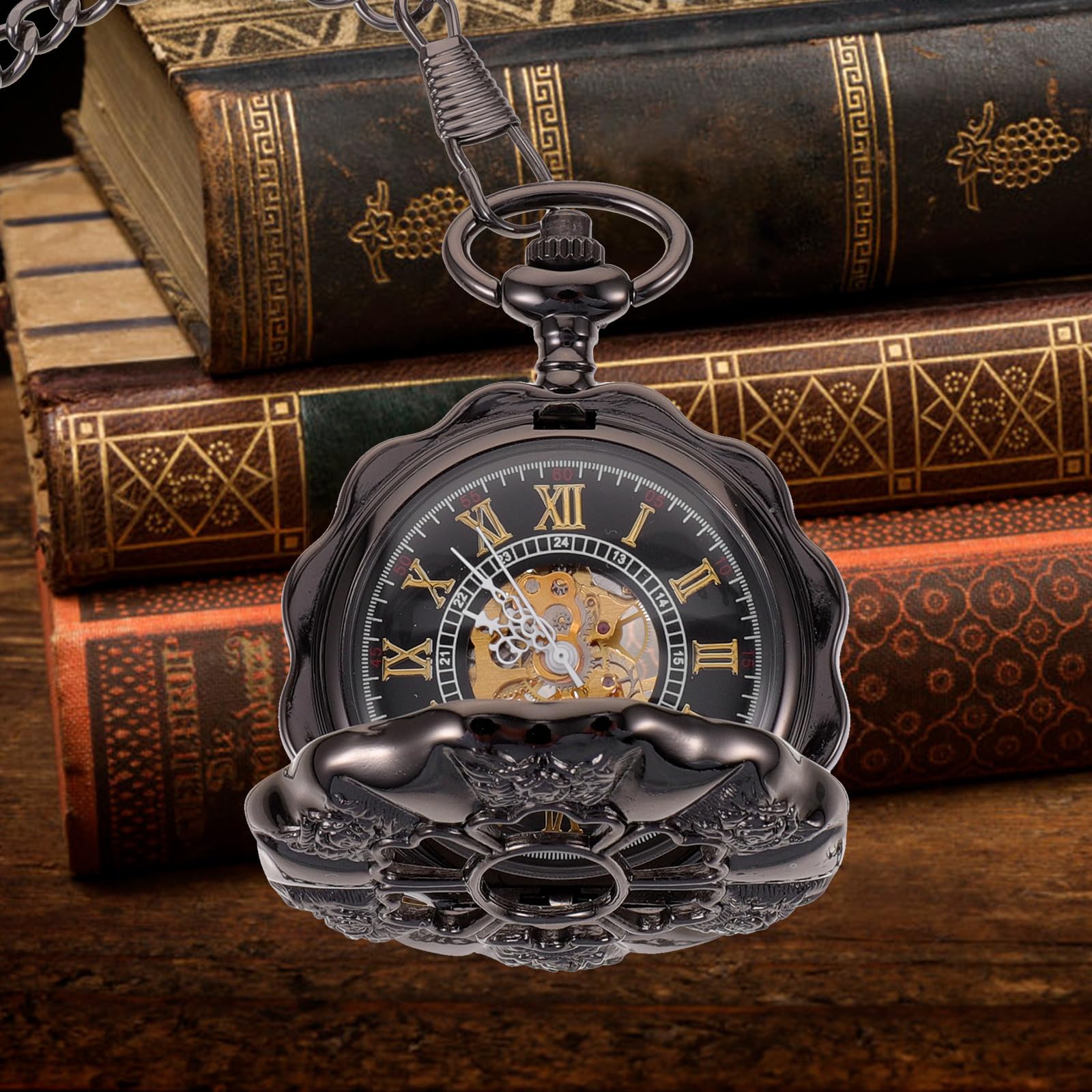 Beaupretty Orologio da Tasca Meccanico in Lega Nero Design a Zucca Vintage, Numerazione Classica e Catena, Stile Retrò Unico per Uomo Precisione Temporale