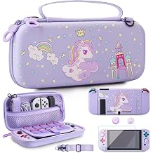 GLDRAM Purple Travel Case for Nintendo Switch Console & Aceessories, Waterproof Carrying Case with Unicorn Protective TPU Skin Cover, Screen Protector, Adjustable Shoulder Strap & 2 Cute Thumb Caps