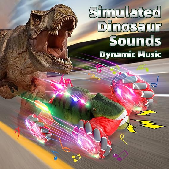Dinosaur Remote Control Car, 2.4Ghz 4WD RC Cars with Dinosaur Sounds & Light Music, Gravity Gesture Sensing Remote Control Monster Truck Kids Toys, RC Stunt Twist Car Toys for Ages 4 5 6 7 8-13yr