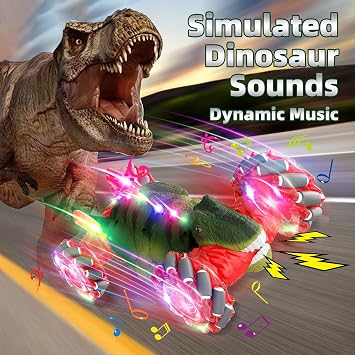 Dinosaur Remote Control Car, 2.4Ghz 4WD RC Cars with Dinosaur Sounds & Light Music, Gravity Gesture Sensing Remote Control Monster Truck Kids Toys, RC Stunt Twist Car Toys for Ages 4 5 6 7 8-13yr