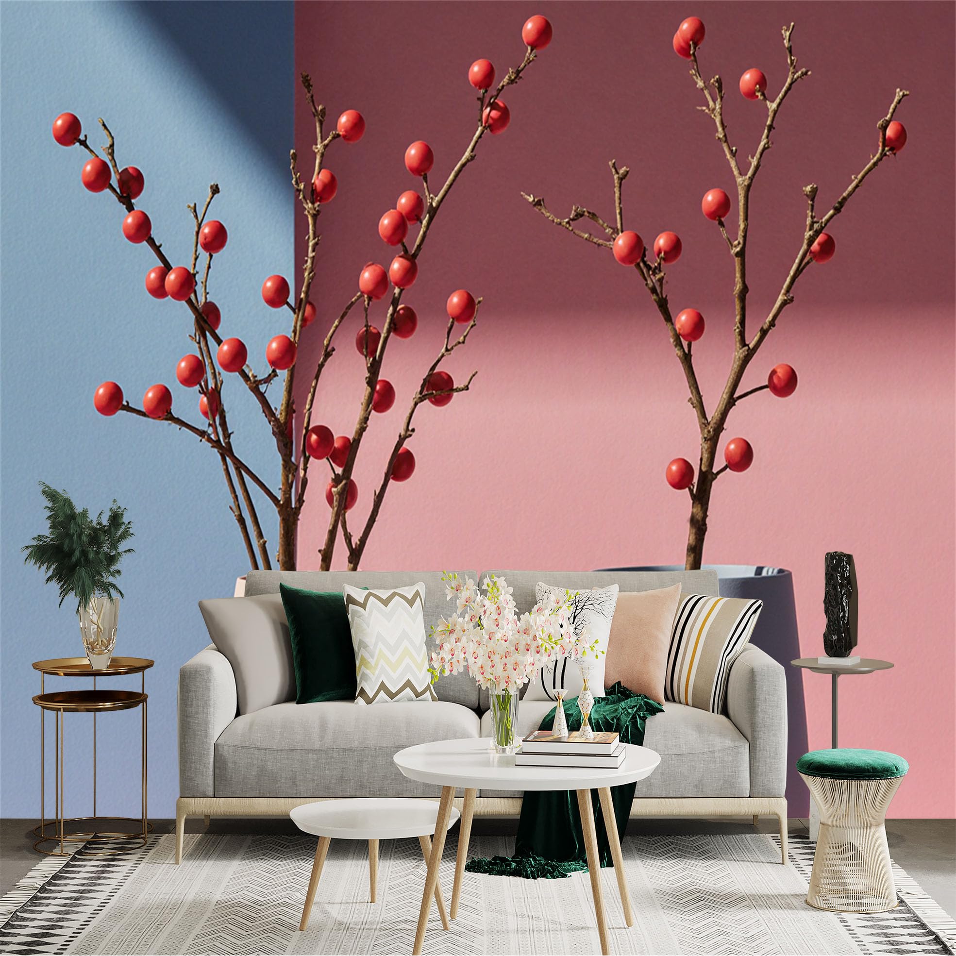 Custom Size Wall Sticker Mural， Modern Minimalist Red Berry Branches， Pastel Vases， Abstract Still Life Art， for wall Decoration， peelandstick wall Decals.