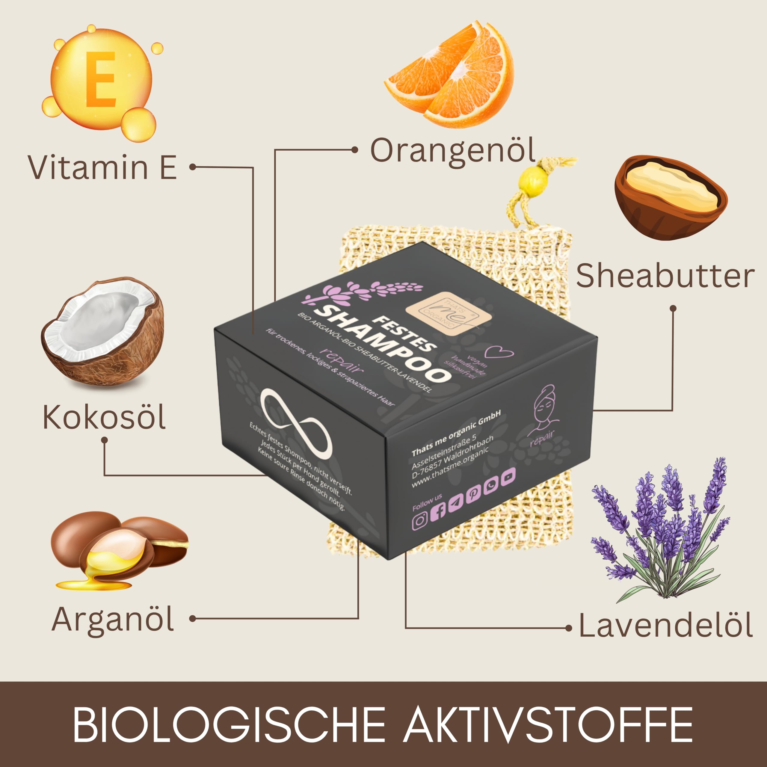Thats me Organic Festes Shampoo „repair“ (Sparset mit Seifensäckchen) für trockenes, lockiges & strapaziertes Haar – Handgemacht mit Anti-Frizz Effekt – Ergiebiger Shampoo Bar