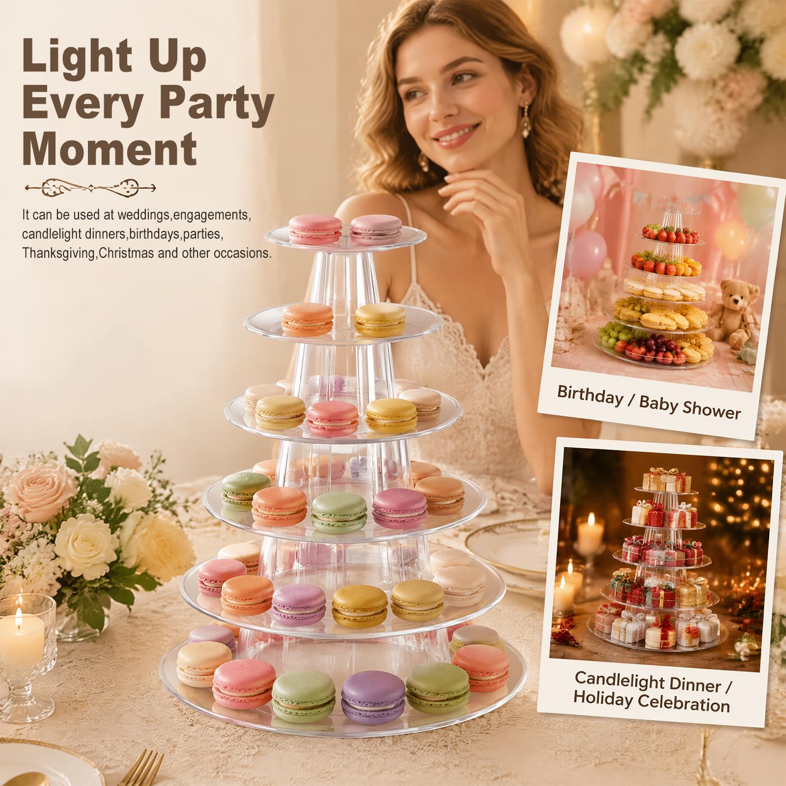 Torre espositiva per macaron trasparente | Torna modulabile da 2 a 6 ripiani, PVC alimentare, supporto rotondo per dolci, ideale per feste e matrimoni