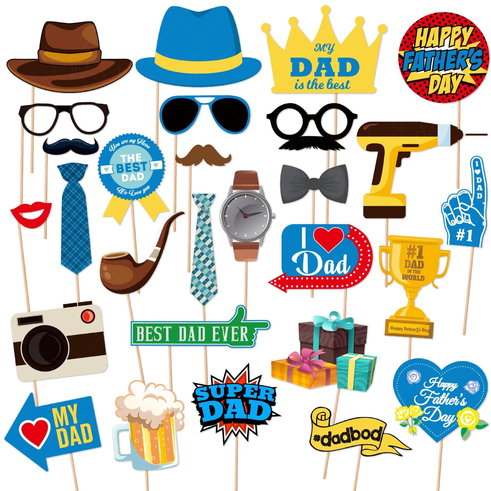28pcs Fathers Day Selfie Photo Booth Props, Blue Hat Beard Tie Heart My Super Dad Glasses Beer Pattern Photo Props, Happy Fathers Day Decorations Props Party Supplies