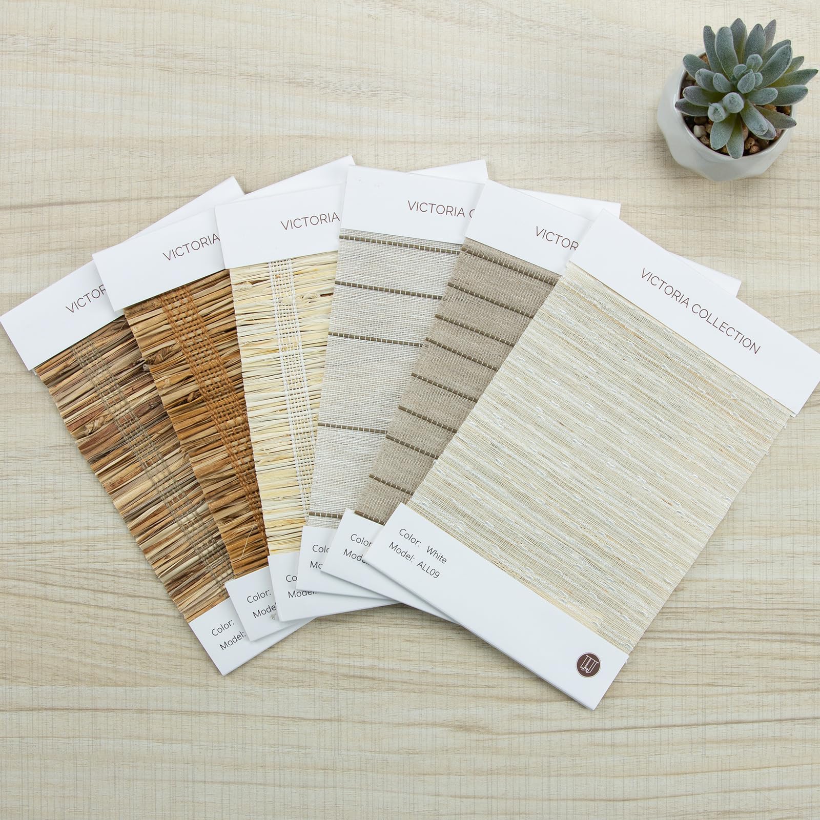 LUSTROWIN Custom Flax Shades Cordless Bamboo Roman Shades for Windows and Doors Natural Woven Sample Swatch Kit, 6 Colors, Victoria